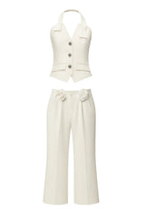 halter neck vest flower embellished pants suit in ivory