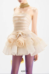 coral off-shoulder layer trim flower mini dress in apricot