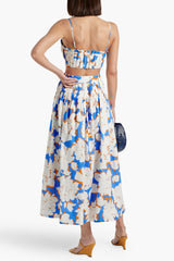 Pleated floral-print linen bustier top skirt set in blue