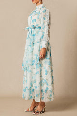 nina blue Chiffon lace trim stand-collar dress with layered ruffles