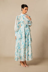 nina blue Chiffon lace trim stand-collar dress with layered ruffles
