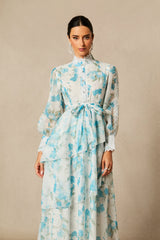 nina blue Chiffon lace trim stand-collar dress with layered ruffles