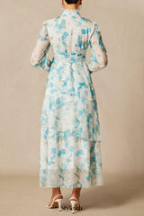 nina blue Chiffon lace trim stand-collar dress with layered ruffles