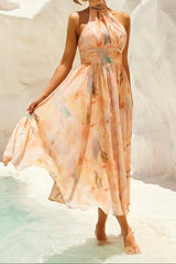 simona Sleeveless printed backless mini dress in apricot