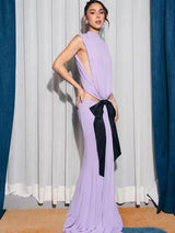 bernice Bow Patch Cut Backless Maxi Dress in purple