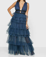 Eliza White Plunging Neck Layered Tulle Skirt Maxi-Dress