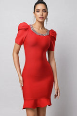 oanna Red Short Sleeve Rhinestone Bandage Mini Dress