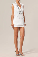 white V-Neck Sleeveless Diamond Midi Suit Top