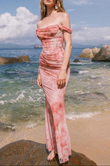 sylvia pink Off-shoulder Pleated Gradient-dyed maxi Dress