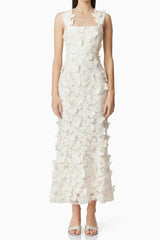 square neckline 3D flower embroidery Gown in White