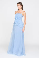 mandy off-shoulder flower ruffle maxi dress - blue