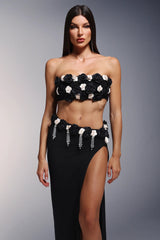 black High Slit Tassels 3d Flowers Strapless Maxi Set