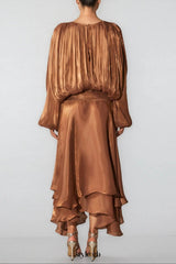 brown Pleated Bodice Draped puff sleeve Maxi Dress