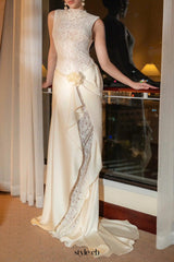 giselle flower embellished sleeveless lace maxi dress  in white