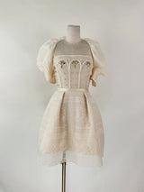 TERESA BEIGE A-LINE STRAIGHT ACROSS NECK LACE MINI DRESS