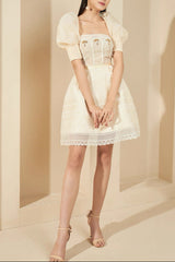 TERESA BEIGE A-LINE STRAIGHT ACROSS NECK LACE MINI DRESS