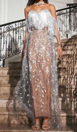 bella Codruta Strapless Leafy Fringe Maxi Dress In Sliver