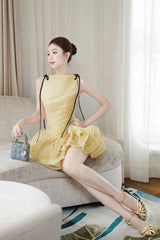 ruched ruffle hem sleeveless mini dress in yellow