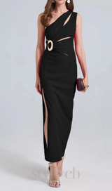 one-shoulder cutout side slit maxi dress in black