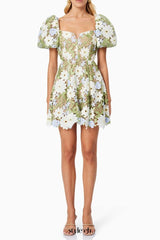 rebecca Flora Lace Mini Dress in Green