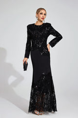 joanna Black long sleeve Embroidered Maxi Dress