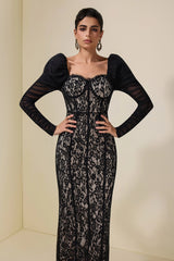 wendy Lace Splicing Mesh Puff Sleeve Midi Dress in black