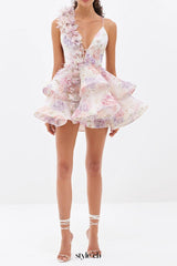 helen 3D Flower Chiffon Ruffle Mini Dress in pink