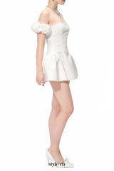 sherry Flower strapless puffy mini dress in white