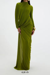 liz High Neck Asymmetric Drape ruched Maxi Dress in green