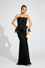 lorraine Black Peplum strapless maxi Dress