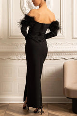 lara sequin high slit Feather Adorned maxi Dress - Black