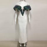 Off-Shoulder pearl embellished bodycon maxi dress in green