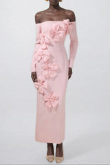 hilary Pink 3D Flower long sleeve strapless Midi Dress