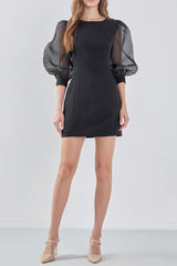 victoria organza puff sleeves mini dress in black