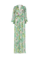 V Neck floral print chiffon maxi dress in green