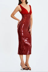virginia Crimson Sequin Plunging Midi Dress in red