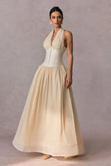 tiffany halterneck tulle overlay maxi dress in apricot