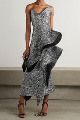 asymmetric ruffled sequined crepe gown in silver