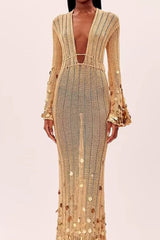 elma Golden Aura v-neck Knitted maxi Dress