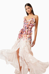 Perla Irregular floral print maxi dress in pink red