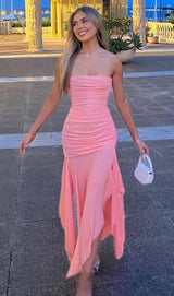 STRAPLESS RUCHED FISHTAIL SLIT DRESS
