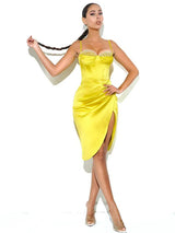 Lemon yellow pleated satin mini Dress