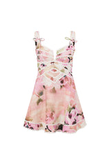 Lace-trimmed V-neck floral print  mini dress - pink