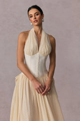 tiffany halterneck tulle overlay maxi dress in apricot