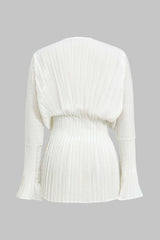 Pleated Bell Sleeve V-Neck Mini Dress in white
