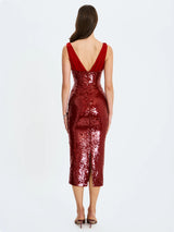 virginia Crimson Sequin Plunging Midi Dress in red