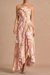 marcia Bouquet Floral  ruffle trim pleated Maxi Dress