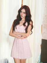 ophelia Pink square neck Tweed Trim mini Dress