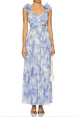 v -neck floral print cutout maxi dress in blue