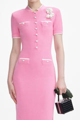 yvette Pink Crochet Flower Knit Midi Dress